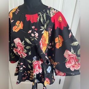 Umgee Black Floral Peplum Top with Flyaway Sleeves Size Medium